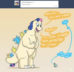 Size: 2100x2036 | Tagged: safe, artist:docwario, imported from derpibooru, bon bon, lyra heartstrings, sweetie drops, kaiju, pony, unicorn, ask, askblankbon, bonpun, dialogue, female, godzilla, godzilla (series), lesbian, lyrabon, pun, shipping, simple background, species swap, speech bubble, transformation, tumblr, yellow background