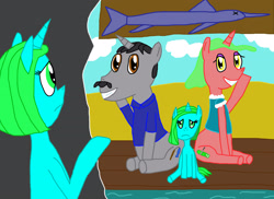 Size: 3282x2388 | Tagged: safe, artist:sb1991, imported from derpibooru, oc, oc only, oc:fisher grey, oc:ocean blue, oc:slice pink, pony, beach, challenge, dock, equestria amino, looking back, marlin, parents:oc x oc
