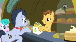 Size: 1024x576 | Tagged: safe, imported from derpibooru, screencap, grand pear, jewel shower, mr. waddle, earth pony, pony, the perfect pear, background pony, bag, bits, boomerang (tv channel), bowtie, butt, cake, food, male, market, pear, pipe, plot, rainy days, selling, sherlock holmes, stall, stallion, young grand pear, younger