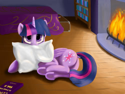 Size: 1500x1126 | Tagged: safe, artist:yukkuripalehorse, imported from derpibooru, twilight sparkle, twilight sparkle (alicorn), alicorn, pony, bed, book, butt, cute, dock, female, fireplace, looking at you, pillow, plot, solo, twiabetes