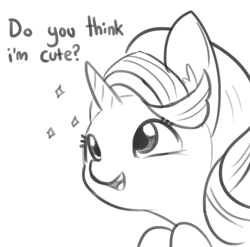 Size: 701x692 | Tagged: safe, artist:tjpones, imported from derpibooru, starlight glimmer, pony, unicorn, bronybait, bust, cute, dialogue, female, glimmerbetes, grayscale, monochrome, portrait, simple background, smiling, solo, sparkles, white background