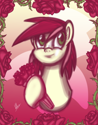 Size: 3300x4200 | Tagged: safe, artist:ladyanidraws, imported from derpibooru, roseluck, pony, bouquet, female, flower, high res, patreon, patreon reward, rose, solo, thorn, thorns