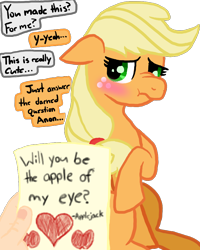 Size: 800x1000 | Tagged: safe, artist:legendoflink, imported from derpibooru, applejack, oc, oc:anon, pony, blushing, cute, embarrassed, love note, nervous, note, scrunch, scrunchy face, speech, writing