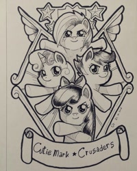 Size: 869x1086 | Tagged: safe, artist:gensokishidan, imported from derpibooru, apple bloom, babs seed, scootaloo, sweetie belle, earth pony, pegasus, pony, unicorn, cutie mark crusaders, ink drawing, monochrome, traditional art