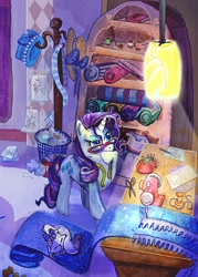 Size: 1000x1400 | Tagged: safe, artist:drknz13, imported from derpibooru, opalescence, rarity, pony, duo, fabric, glasses, hat, pin, pincushion, scissors, sewing machine, thread