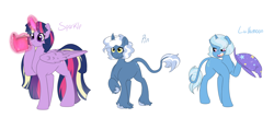 Size: 6000x2600 | Tagged: safe, artist:marukouhai, imported from derpibooru, pokey pierce, trixie, twilight sparkle, alicorn, pony, curved horn, headcanon, high res, leonine tail, magic, raised hoof, simple background, twilight sparkle (alicorn), white background