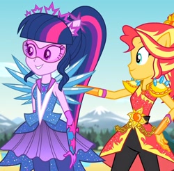 Size: 1099x1080 | Tagged: safe, imported from derpibooru, screencap, sci-twi, sunset shimmer, twilight sparkle, equestria girls, legend of everfree, bracelet, clothes, cropped, crown, crystal, crystal guardian, crystal wings, jewelry, ponied up, regalia, scitwilicorn, suit