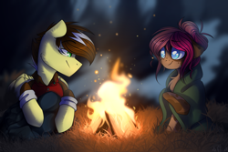 Size: 1024x683 | Tagged: safe, artist:starlyfly, artist:starlyflygallery, imported from derpibooru, oc, oc only, oc:ruef, oc:silver lining, earth pony, pegasus, pony, blanket, female, fire, male, mare, night, rock, stallion