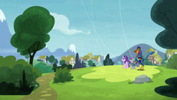 Size: 1280x720 | Tagged: safe, artist:smcho1014, deleted from derpibooru, imported from derpibooru, maud pie, starlight glimmer, oc, oc:wild sketchy, dinosaur, gallimimus, pony, rock solid friendship, kite, kite flying