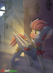 Size: 1600x2206 | Tagged: safe, artist:redchetgreen, imported from derpibooru, oc, oc only, pegasus, pony, armor, commission, looking back, male, royal guard, solo, stallion, ych result