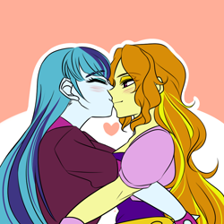 Size: 1000x1000 | Tagged: safe, artist:raika0306, imported from derpibooru, adagio dazzle, sonata dusk, human, equestria girls, rainbow rocks, alternate hairstyle, blushing, clothes, colored, cute, duo, eyes closed, female, heart, kiss on the lips, kissing, lesbian, shipping, simple background, sketch, smiling, sonagio