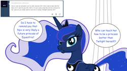 Size: 1280x720 | Tagged: safe, artist:hakunohamikage, imported from derpibooru, princess luna, pony, ask-princesssparkle, ask, female, solo, tumblr