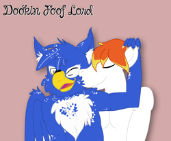 Size: 2430x2000 | Tagged: safe, artist:dookin, imported from derpibooru, oc, oc only, oc:clyne griffon, oc:dookin foof lord, anthro, griffon, chest fluff, cute, fluffy, gay, happy, male, oc x oc, shipping, simple background