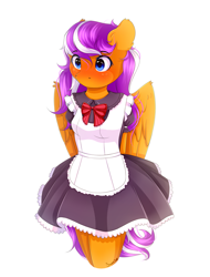 Size: 1933x2542 | Tagged: safe, artist:sweesear, imported from derpibooru, oc, oc only, oc:digidrop, anthro, pegasus, anthro oc, blushing, bowtie, clothes, cute, dress, ear fluff, female, hands behind back, maid, mare, solo, wing fluff