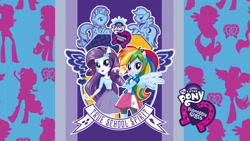 Size: 2560x1440 | Tagged: safe, imported from derpibooru, rainbow dash, rarity, equestria girls, emblem, equestria girls logo, equestria girls plus, high school, mlp club, my little pony logo, official, ponied up, stock vector, wallpaper