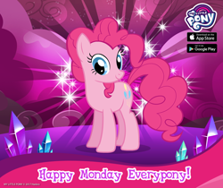 Size: 940x788 | Tagged: safe, imported from derpibooru, pinkie pie, earth pony, pony, facebook, female, gameloft, happy, mare, monday, my little pony logo, official, pink, solo