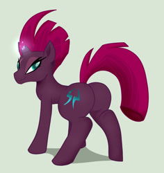 Size: 964x1021 | Tagged: safe, artist:mysweetstomach, imported from derpibooru, tempest shadow, pony, my little pony: the movie, broken horn, butt, commander, featureless crotch, female, gray background, no armor, plot, simple background, smiling, solo, tempass