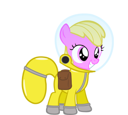 Size: 3037x2729 | Tagged: safe, artist:aborrozakale, imported from derpibooru, oc, oc only, oc:puppysmiles, earth pony, pony, fallout equestria, fallout equestria: pink eyes, fanfic, fanfic art, female, filly, foal, hazmat suit, high res, hooves, saddle bag, simple background, smiling, solo, teeth, transparent background, vector