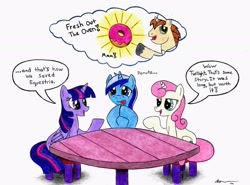 Size: 2241x1661 | Tagged: safe, artist:bio-iridescence, imported from derpibooru, donut joe, minuette, twilight sparkle, twinkleshine, alicorn, pony, unicorn, chair, donut, female, food, male, mare, open mouth, simple background, stallion, table, talking, thought bubble, tongue out, traditional art, twilight sparkle (alicorn), white background