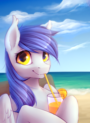 Size: 800x1100 | Tagged: safe, artist:andyfirelife, artist:fenwaru, imported from derpibooru, oc, oc only, oc:gabriel, pegasus, pony, beach, drink, drinking straw, ear fluff, female, hoof hold, looking at you, mare, smiling, solo