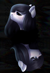 Size: 1171x1700 | Tagged: safe, artist:nika-rain, imported from derpibooru, oc, oc only, oc:sandra, pony, black background, bust, duality, ear fluff, female, mare, portrait, reflection, sad, simple background, solo