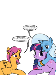 Size: 600x800 | Tagged: safe, artist:dekomaru, imported from derpibooru, scootaloo, trixie, twilight sparkle, pony, unicorn, tumblr:ask twixie, ask, female, lesbian, mare, pregnant, pregnant scootaloo, sassy, shipping, snark, tumblr, twixie