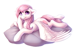 Size: 1500x970 | Tagged: safe, artist:andyfirelife, artist:fenwaru, imported from derpibooru, oc, oc only, oc:cherished song, pegasus, pony, cheek fluff, chest fluff, cute, ear fluff, female, floppy ears, looking at you, lying down, mare, pillow, prone, simple background, smiling, solo, transparent background, wing fluff