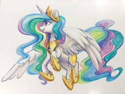 Size: 1243x941 | Tagged: safe, artist:dawnfire, imported from derpibooru, princess celestia, alicorn, pony, beautiful, commission, copic, crown, cutie mark, ethereal mane, ethereal tail, female, flowing mane, flowing tail, flying, hoof shoes, jewelry, majestic, mare, marker drawing, multicolored mane, multicolored tail, open mouth, peytral, praise the sun, pretty, purple eyes, regalia, royalty, simple background, smiling, solo, sparkles, spread wings, tiara, traditional art, white background