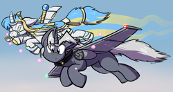 Size: 1280x682 | Tagged: safe, artist:virmir, imported from derpibooru, oc, oc only, oc:princess toytime, oc:trask, oc:virmare, oc:virmir, original species, plane pony, pony, unicorn, bridle, bubble, carousel, cloud, crown, duo, flying, jewelry, plane, planeified, plushie, regalia, saddle, signature, sky, species swap, tack, trail, transformation, underhoof