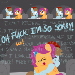 Size: 3840x3840 | Tagged: safe, artist:jake heritagu, imported from derpibooru, chip mint, rain catcher, scootaloo, pony, comic:ask motherly scootaloo, ask-rain-catcher, comic, couch, hairpin, motherly scootaloo, vulgar