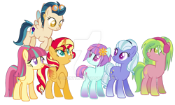 Size: 1024x614 | Tagged: safe, artist:creinth64, imported from derpibooru, indigo zap, lemon zest, sour sweet, sugarcoat, sunny flare, sunset shimmer, alicorn, earth pony, pegasus, pony, unicorn, alternate mane six, alternate universe, colored pupils, equestria girls ponified, female, mare, ponified, shadow five