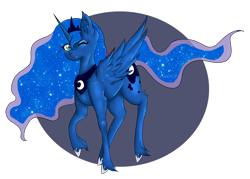 Size: 1280x915 | Tagged: safe, artist:niniibear, imported from derpibooru, princess luna, alicorn, pony, blue, cute, female, fluffy, happy, leg fluff, looking at you, mare, one eye closed, princess, raised hoof, shiny, shoulder fluff, simple background, smiling, solo, spread wings, transparent background, unshorn fetlocks, wing fluff, wings, wink