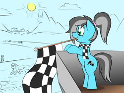 Size: 1000x750 | Tagged: safe, artist:glimglam, imported from derpibooru, oc, oc only, oc:pole position, earth pony, pony, canterlot, clothes, cloud, female, flag, freckles, hairband, mountain, mouth hold, ponytail, racing, scarf, smiling, sun