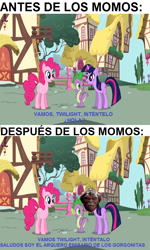 Size: 600x1000 | Tagged: safe, edit, edited screencap, imported from derpibooru, screencap, pinkie pie, spike, twilight sparkle, dragon, friendship is magic, archer, before and after, meme, pinkie pie and twilight sparkle first meeting, small soldiers, spanish, translated in the comments