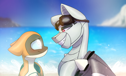 Size: 3500x2100 | Tagged: safe, artist:starlyfly, artist:starlyflygallery, imported from derpibooru, oc, oc only, oc:dorn, oc:kiva, original species, plane pony, pony, robot, robot pony, beach, blushing, do 217 n2, female, glowing eyes, goggles, kirn, male, mare, ocean, plane, shipping, stallion