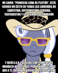 Size: 800x1000 | Tagged: safe, imported from derpibooru, hoity toity, pony, black background, dross, dross rotzank, glasses, hat, meme, simple background, spanish, translated in the comments