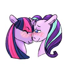 Size: 600x600 | Tagged: safe, artist:pastelbob, imported from derpibooru, starlight glimmer, twilight sparkle, pony, blushing, bust, cuddling, eyes closed, female, lesbian, shipping, simple background, transparent background, twistarlight