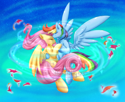 Size: 2200x1800 | Tagged: safe, artist:chichicherry123, imported from derpibooru, fluttershy, rainbow dash, pegasus, pony, cute, dancing, female, flutterdash, flying, lesbian, mare, shipping, watermark