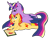 Size: 1024x789 | Tagged: safe, artist:sylver-unicorn, imported from derpibooru, sunset shimmer, twilight sparkle, alicorn, pony, unicorn, book, cuddling, female, glasses, lesbian, looking at each other, older, rainbow power, shipping, sunsetsparkle, twilight sparkle (alicorn)