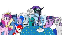 Size: 1053x600 | Tagged: safe, artist:dekomaru, imported from derpibooru, night light, princess cadance, trixie, twilight sparkle, twilight velvet, oc, oc:aurora, pony, unicorn, tumblr:ask twixie, ask, female, lesbian, magical lesbian spawn, mare, offspring, parent:trixie, parent:twilight sparkle, parents:twixie, shipping, tumblr, twixie