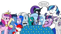 Size: 1053x600 | Tagged: safe, artist:dekomaru, imported from derpibooru, night light, princess cadance, shining armor, trixie, twilight sparkle, twilight velvet, oc, oc:aurora, alicorn, pony, unicorn, tumblr:ask twixie, ask, cadance is not amused, captain obvious, female, lesbian, magical lesbian spawn, mare, moment killer, offspring, parent:trixie, parent:twilight sparkle, parents:twixie, shining armor is a goddamn moron, shipping, tumblr, twixie, unamused