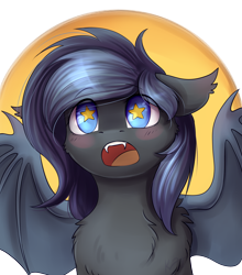 Size: 2200x2500 | Tagged: safe, artist:shiro-roo, imported from derpibooru, oc, oc only, oc:angel tears, bat pony, pony, bat pony oc, blushing, solo, starry eyes, wingding eyes, ych result