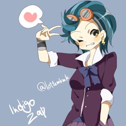 Size: 1000x1000 | Tagged: dead source, safe, artist:lotte, imported from derpibooru, indigo zap, equestria girls, friendship games, anime style, female, heart, looking at you, one eye closed, peace sign, solo, wink