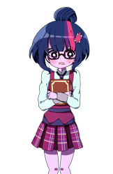 Size: 992x1532 | Tagged: safe, artist:lotte, imported from derpibooru, sci-twi, twilight sparkle, equestria girls, adorkable, anime style, beautiful, blushing, book, clothes, crystal prep academy uniform, cute, dork, female, glasses, looking at you, meganekko, moe, nerd, nervous, outfit, pixiv, school uniform, simple background, skirt, solo, transparent background, uniform