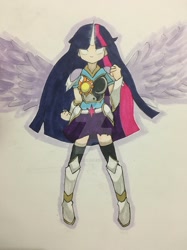 Size: 800x1067 | Tagged: safe, artist:some-failure, imported from derpibooru, twilight sparkle, human, armor, clothes, female, glowing eyes, horned humanization, humanized, socks, solo, thigh highs, traditional art, watermark, winged humanization, wings