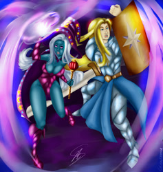 Size: 600x632 | Tagged: safe, artist:scionjeshua, imported from derpibooru, prince blueblood, trixie, human, armor, bluetrix, breasts, busty trixie, cleavage, duo, fantasy class, female, humanized, knight, magic, male, pony coloring, shield, shipping, straight, sword, wand, warrior, weapon