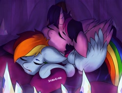 Size: 1992x1512 | Tagged: safe, artist:incendiaryboobs, artist:incendiarymoth, artist:mylittlelevi64, imported from derpibooru, rainbow dash, twilight sparkle, alicorn, pegasus, pony, female, lesbian, shipping, sleeping, snuggling, twidash, twilight sparkle (alicorn)