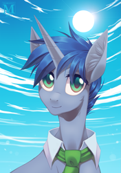 Size: 847x1200 | Tagged: safe, artist:margony, imported from derpibooru, oc, oc only, pony, unicorn, cloud, commission, looking at you, solo, sun