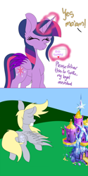 Size: 1280x2564 | Tagged: safe, artist:tomboygirl45, imported from derpibooru, derpy hooves, twilight sparkle, alicorn, pony, princessponk, ask, flying, misspelling, tumblr, twilight sparkle (alicorn), twilight's castle