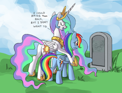 Size: 910x700 | Tagged: safe, artist:php58, artist:ponykillerx, edit, editor:kingkek42, imported from derpibooru, bright mac, pear butter, princess celestia, rainbow dash, alicorn, pegasus, pony, the perfect pear, brightbutter, butt, carving, celestia's grave meme, crying, cutie mark, exploitable meme, female, grave, gravestone, implied death, jewelry, male, mare, meme, plot, regalia, sad, shipping, stone, straight, text